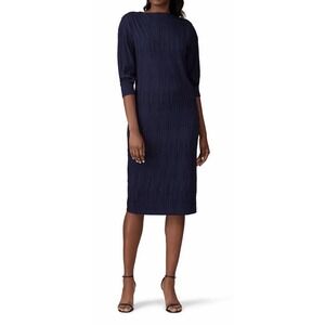 M.M.LaFleur Navy Plissé Crinkle Midi Dress - Wrinkle-Resistant Bateau Neck Sz XS